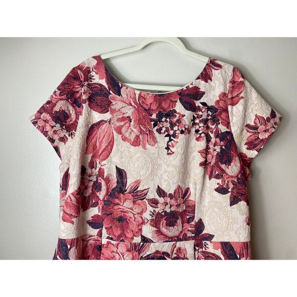 ADRIANNA PAPELL DRESS 20W COCKTAIL FLORAL JACQUARD EVENING GOLD RED NUDE SHORT - Picture 6 of 15